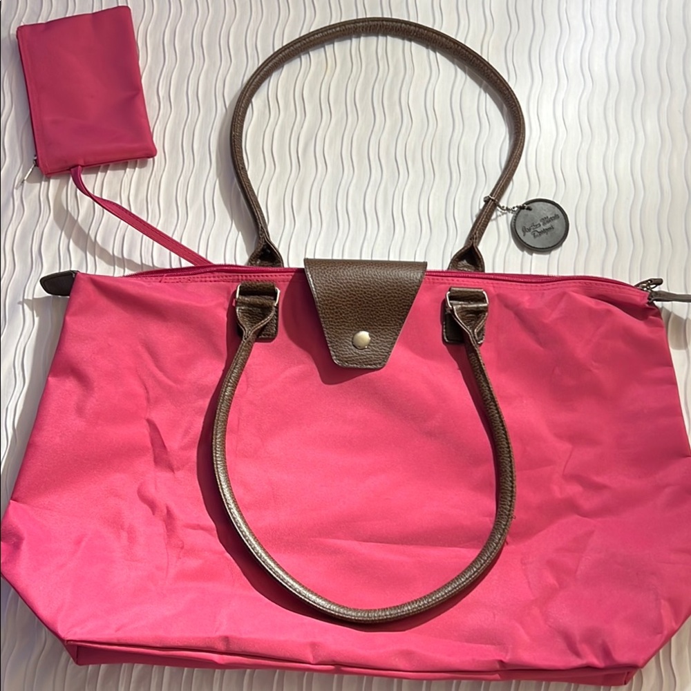 JoAnn Marie Designs Vibrant Pink and Brown Tote with Faux Leather Accents.